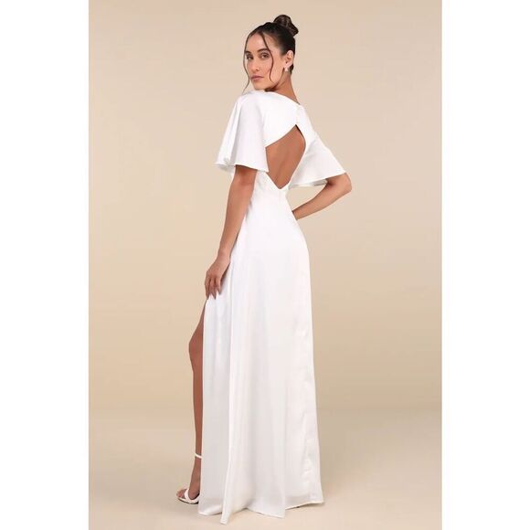 Lulus Elegant Confidence White Satin Flutter Sleeve Cutout Maxi Dress Size XL Ne - Picture 1 of 13